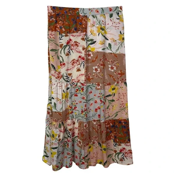 T Tahari Skirt Small Medium Multi Floral Patchwork Tiered Maxi Boho A-Line - Picture 1 of 13